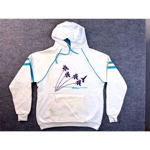 Vintage Jerzees Russell Montana Hoodie L Cream Blue Hummingbird USA Made 90s
